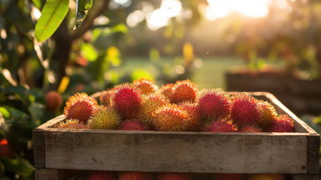 A rustic wooden crate filled with vibrant rambutans, showcasing their rich colors in warm sunlight. Perfect for depicting tropical harvest and organic produce.の素材