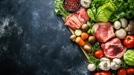 A top down view showcases an array of fresh ingredients for preparing a Japanese hotpot. The vibrant colors of vegetables, meat, and mushrooms create an appealing culinary scene perfect for cooking enthusiasts.の素材