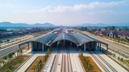 This aerial image showcases the newly built Lao-China railway station, highlighting its modern architectural design and extensive rail infrastructure set against a scenic landscape.の素材