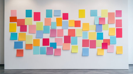 A vibrant collection of sticky notes in various colors arranged on a wall, creating a lively and creative atmosphere ideal for brainstorming and organization.の素材