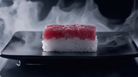 A visually striking presentation of wagyu sushi on a black plate, surrounded by a mist, highlighting the gourmet and delicate nature of this exquisite dish.の素材