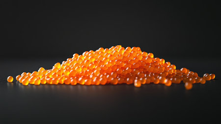 Captivating image of vibrant orange caviar piled on a dark surface, showcasing its rich color and glossy texture, perfect for culinary or gourmet themes.の素材