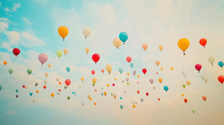 A stunning display of colorful hot air balloons soaring high in the sky, capturing a sense of freedom and adventure, perfect for travel and nature themes.の素材