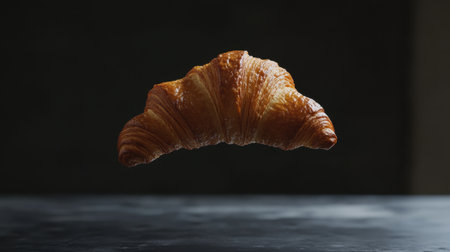 A beautifully captured image of a freshly baked croissant, floating in mid-air, showcasing its flaky texture and warm, golden color. Perfect for food enthusiasts!の素材