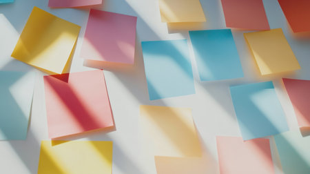 Colorful sticky notes arranged on a bright surface create an inspiring and organized workspace. Perfect for planning, reminders, or creative ideas.の素材