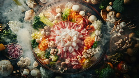 A stunning aerial view of Japanese shabu shabu hotpot featuring an array of fresh ingredients including meats, vegetables, and mushrooms, creating a vibrant presentation.の素材