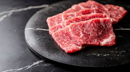 Close-up of thinly sliced wagyu beef on a marble plate, ideal for sushi preparation. This gourmet ingredient showcases rich marbling and exquisite texture.の素材
