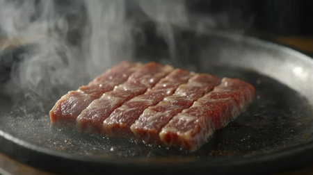 Sizzling grilled meat on an iron plate surrounded by steam. Perfect for culinary themes, food preparation, and cooking inspiration. Ideal for food enthusiasts.の素材