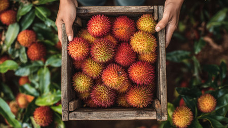 A wooden crate filled with fresh rambutan fruit, showcasing vibrant colors and textures. Ideal for health and culinary themes, emphasizing nature's bounty.の素材