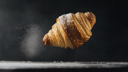 A warm, freshly baked croissant floats elegantly in mid-air, showcasing its flaky layers and golden-brown texture, perfect for food lovers and culinary art.の素材