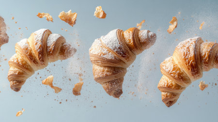 Experience the allure of flaky croissants drifting through the air, dusted with sweet sugar. This delightful image captures the essence of gourmet pastries in an artistic display.の素材