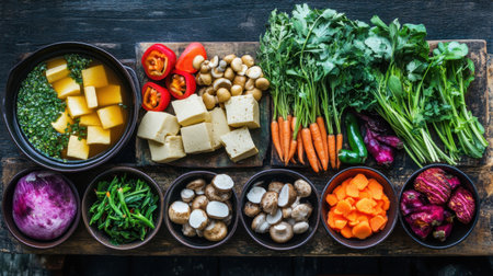 A vibrant spread of fresh ingredients for a Japanese hotpot, featuring an array of vegetables, tofu, and mushrooms, perfect for creating a delicious meal.の素材