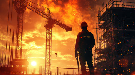 A silhouette of a construction worker at sunset, surrounded by cranes and scaffolding, captures the essence of hard work and industrial progress.の素材