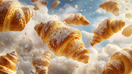 Experience the whimsical scene of fresh croissants and sweet pastries floating among the clouds, capturing the imagination with their delightful textures and golden hues.の素材