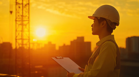 An Asian man in a hard hat surveys a construction site during sunset, reflecting on his role in urban development and project management.の素材