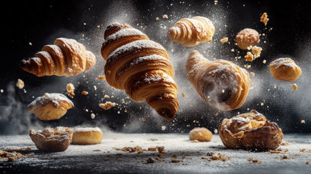 A captivating scene of sweet pastries flying through the air, dusted with sugar, showcasing the flaky texture and delightful presentation perfect for food lovers.の素材