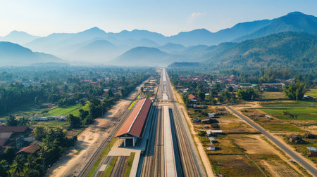 Capture an aerial view of a serene railway station in Laos amidst stunning mountains, offering a glimpse into the tranquil beauty of rural transport infrastructure.の素材
