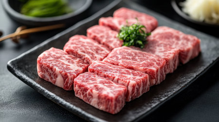This image features elegant wagyu sushi artfully served on a sleek black plate, showcasing the rich marbling and gourmet presentation perfect for luxury dining.の素材