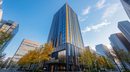 A modern Japanese hotpot restaurant stands tall amidst a vibrant urban landscape, featuring clear skies and warm autumn foliage. Perfect for culinary enthusiasts!の素材
