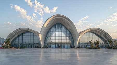 Explore the stunning modern facade of Vientiane's new architectural landmark, showcasing contemporary design and innovative structural elements in a picturesque setting.の素材