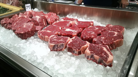 Freshly cut beef steaks are displayed on ice, showcasing a variety of quality cuts ideal for grilling or culinary preparations at the butcher shop.の素材