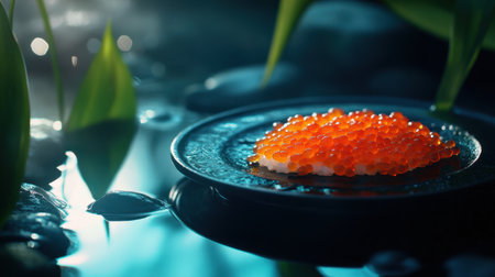 Experience the exquisite presentation of fresh salmon roe sushi, artfully served on a sleek black plate. Perfect for gourmet dining and culinary enthusiasts.の素材