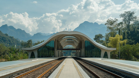 Discover the striking design of the Laos China train station, featuring modern architecture amidst a stunning mountain landscape and lush greenery.の素材