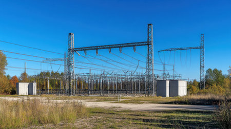 A clear view of high voltage electric power lines and transmission towers. The image captures rural landscape under a blue sky, showcasing infrastructure in energy supply.の素材