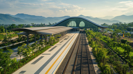 A stunning view of a modern train station in Laos, set against a backdrop of serene mountains and lush greenery, perfect for travel and architectural themes.の素材