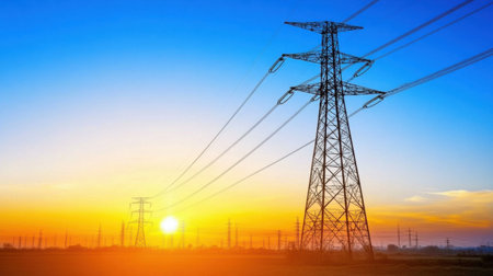 Capture of high voltage power lines with steel pylons silhouetted against a stunning sunset sky, showcasing the beauty of industrial energy infrastructure.の素材