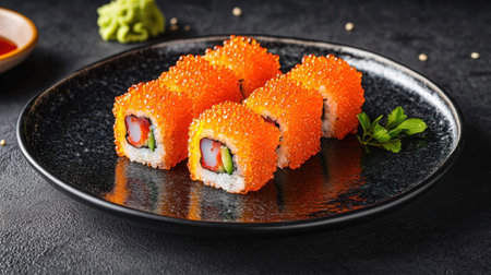 A visually striking arrangement of sushi pieces topped with vibrant salmon roe, presented on a classic black plate, perfect for food lovers and gourmet dining.の素材
