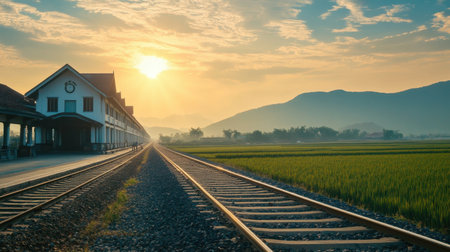 A stunning view of a gleaming railway station in Laos during daylight, showcasing vibrant landscapes, tracks, and mountains under a clear sky. Perfect for travel enthusiasts.の素材
