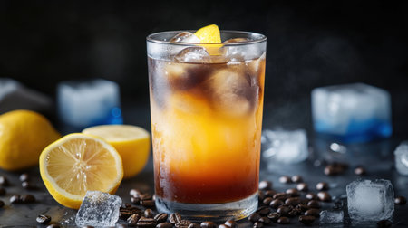 A tall glass of iced coffee lemonade with a gradient of colors, surrounded by lemons, ice cubes, and coffee beans on a dark backdrop.の素材