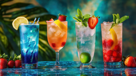 Four refreshing cocktails blue lagoon with raspberries and lemon, margarita with lime, strawberry daiquiri with strawberries, and iced tea with mint, captured on a summer-inspired background.の素材