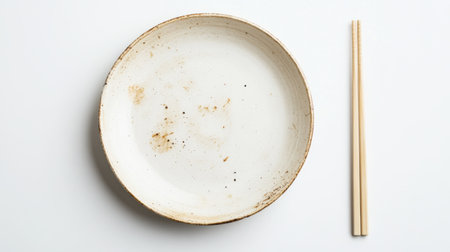 A used plate showing traces of fried noodles, with chopsticks beside it, isolated on a simple white background.の素材