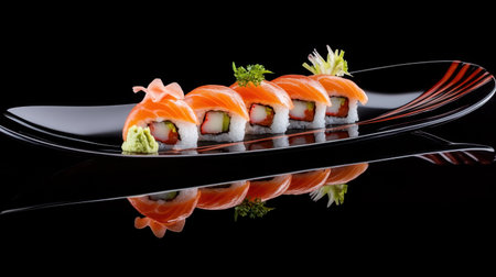 Close-up of fresh salmon sushi nigiri placed on a sleek black plate, garnished with wasabi, pickled ginger, and soy sauce.の素材