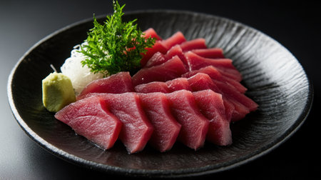 A stunning presentation of tuna sashimi in a modern dark setting, showcasing fresh slices of fish artfully arranged with wasabi and garnish, perfect for gourmet dining.の素材