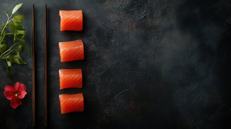 Fresh and succulent salmon sashimi on a dark surface, highlighted by minimalist garnishes and chopsticks beside it.の素材