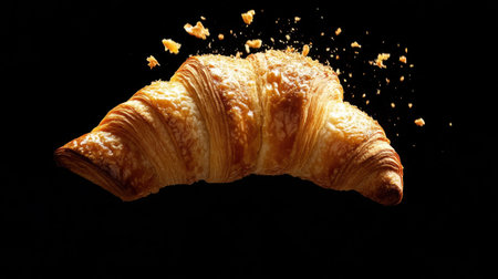 A stunning image of a falling croissant, capturing a burst of crumbs amidst a dark background. The flaky pastry showcases rich layers, evoking a sense of gourmet delight.の素材