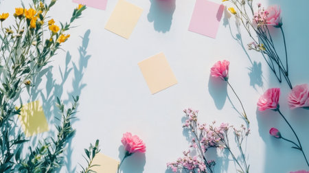 A vibrant layout featuring colorful sticky notes intertwined with fresh flowers, showcasing creativity and organization. Perfect for office decor or planning.の素材