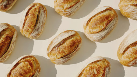 A stunning display of freshly baked bread loaves showcasing their golden crust and inviting texture, perfect for food photography and inspiration.の素材