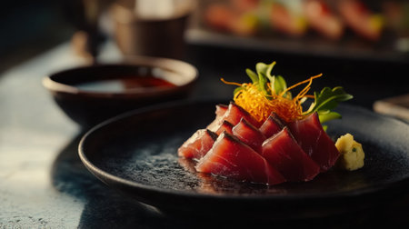 Stunning presentation of tuna sashimi delicately arranged on a dark plate, garnished with greens and served with wasabi, perfect for gourmet dining.の素材