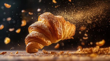 A beautifully captured freshly baked croissant gracefully falling with crumbs, showcasing its flaky texture and inviting aroma, perfect for food enthusiasts.の素材