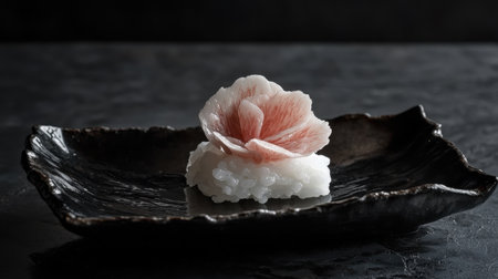 A stunning piece of wagyu sushi presented elegantly on a black plate, showcasing culinary artistry and gourmet flavors perfect for any fine dining experience.の素材