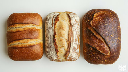 A beautiful arrangement of three freshly baked bread loaves showcasing their unique textures and colors, perfect for culinary inspiration and food photography.の素材