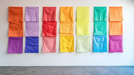 A vibrant display of sticky notes in various colors arranged on a wall, ideal for inspiring creativity and organization in workspace or office settings.の素材