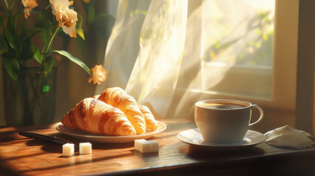 A tranquil breakfast scene featuring warm croissants and a steaming cup of coffee by a sunlit window. Perfect for conveying comfort and relaxation.の素材