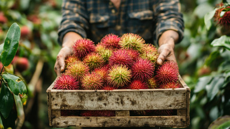 A person is holding a wooden crate filled with freshly harvested rambutan fruit, showcasing its vibrant colors in a lush tropical environment.の素材