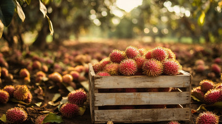 A rustic wooden crate overflowing with ripe rambutans, set against a beautifully lit rural background. Perfect for showcasing tropical harvests.の素材