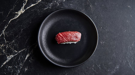 A single piece of wagyu sushi presented on a minimalist black plate, showcasing the artistry of gourmet Japanese cuisine in a clean, elegant style.の素材